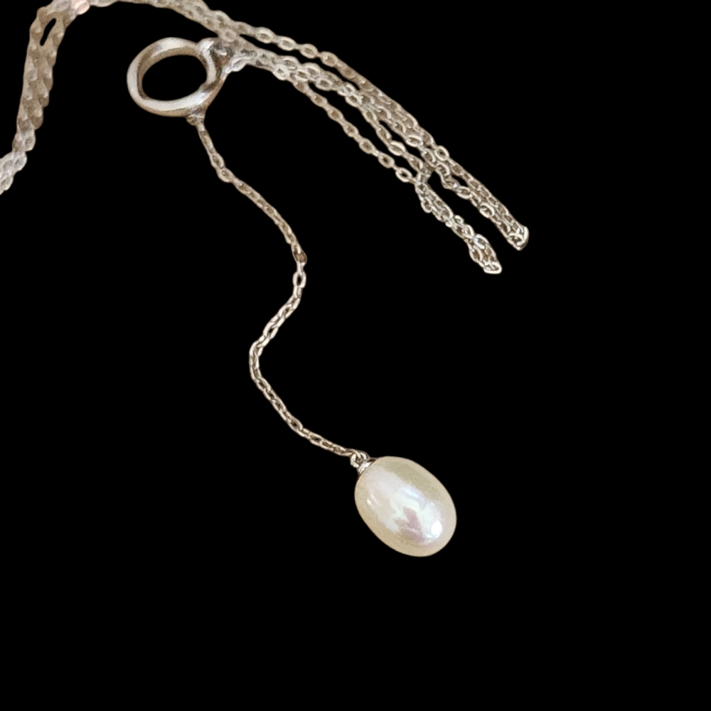 Dainty Pearl Necklace 925 Sterling Silver  Vintage Dangle Y Drop Pendant  A0236